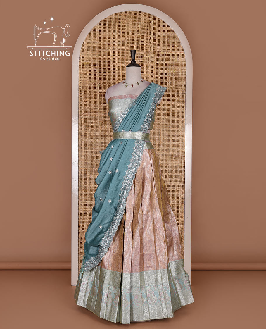 Pink-blue banaras tissue half saree, jacquard with contrast traditional zari bordered skirt, matching blouse, and Vichitra silk embroidered dhavani
