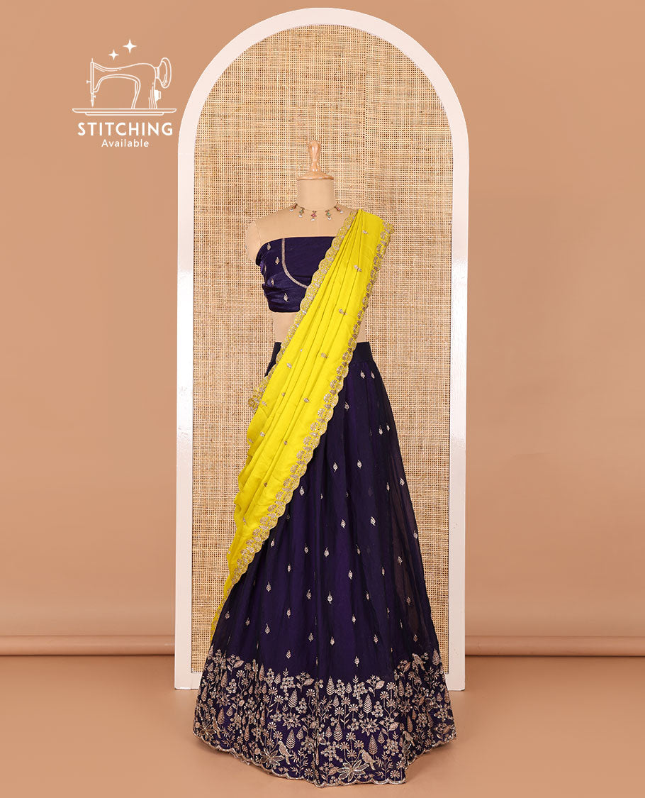 Violet half-saree, floral and bird motifs embroidered velvet organza top, matching embroidered blouse, and contrast scallop embroidered syska georgette dhavani
