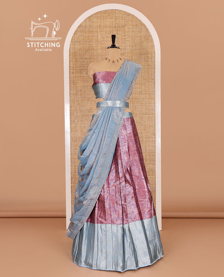 Pink banarasi half-saree, jacquard with contrast traditional zari bordered skirt, a matching blouse, and a contrast stonework velvet organza dhavani