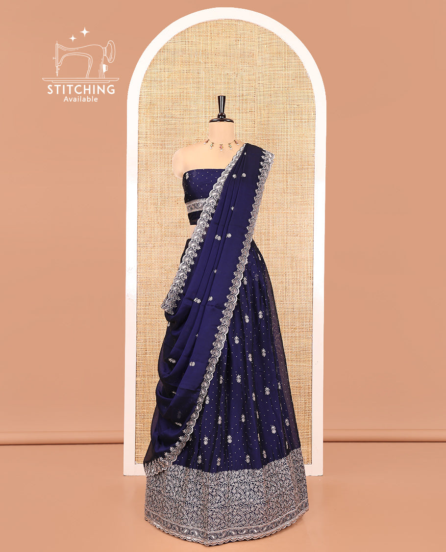 Navy Blue Georgette Half-Saree Featuring Embroidery Skirt, Floral Embroidered Border, Matching Blouse, Embroidered Dhavani