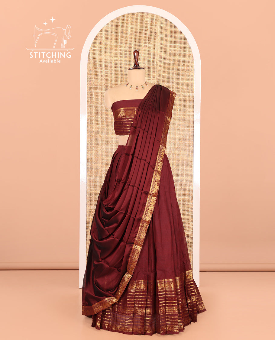 Maroon Chettinad Cotton Half-Saree, Plain Big Traditional Zari Bordered Skirt, Matching Blouse, and a Matching Dhavani