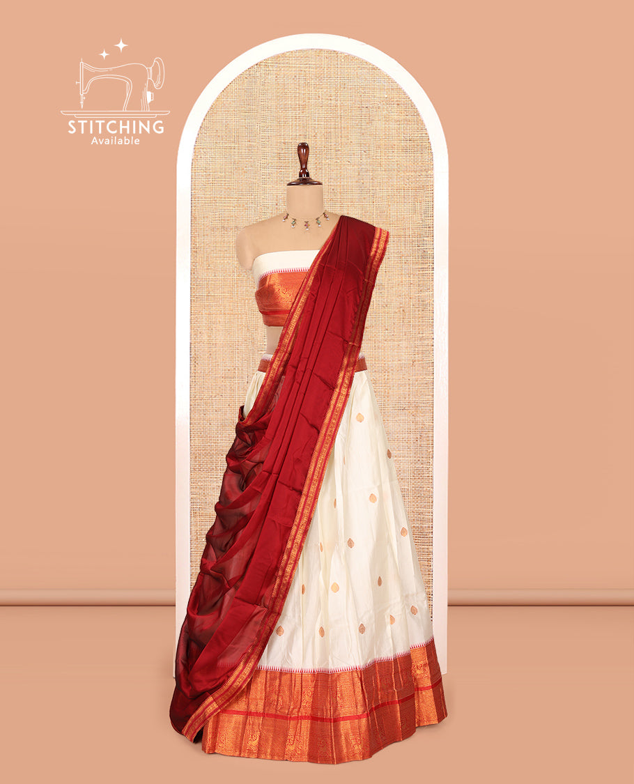 Cream-Maroon Banaras-Silk Half-Saree Features Zari Buttas Skirt, a Contrast Traditional Border, a Matching Blouse, a Contrast Dhavani