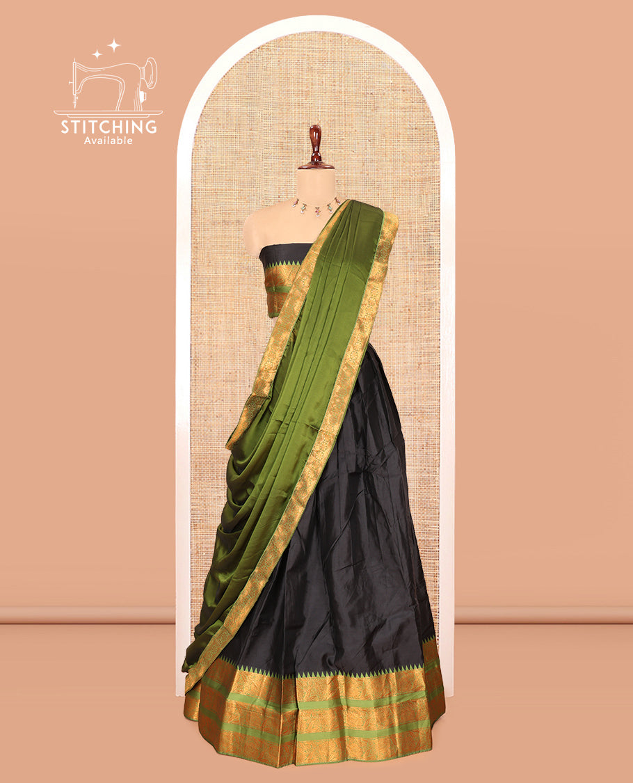 Black-Green Semi-Banarasi Half-Saree Features Plain Skirt, Contrast Floral Creeper Zari Border, Matching Blouse, Contrast Dhavani