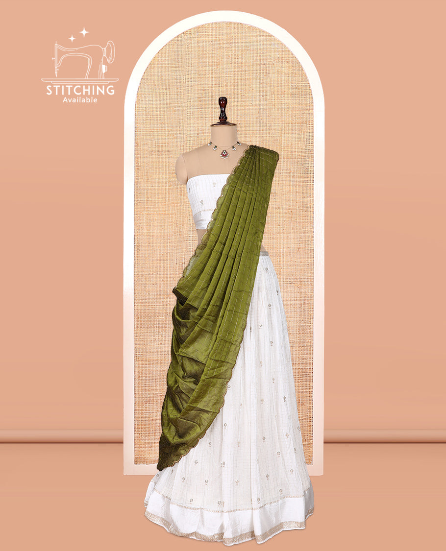 Cream-Mehendi Green Viscose Georgette Half-saree, Buttas Skirt, Matching Blouse, Contrast Checked Dhavani