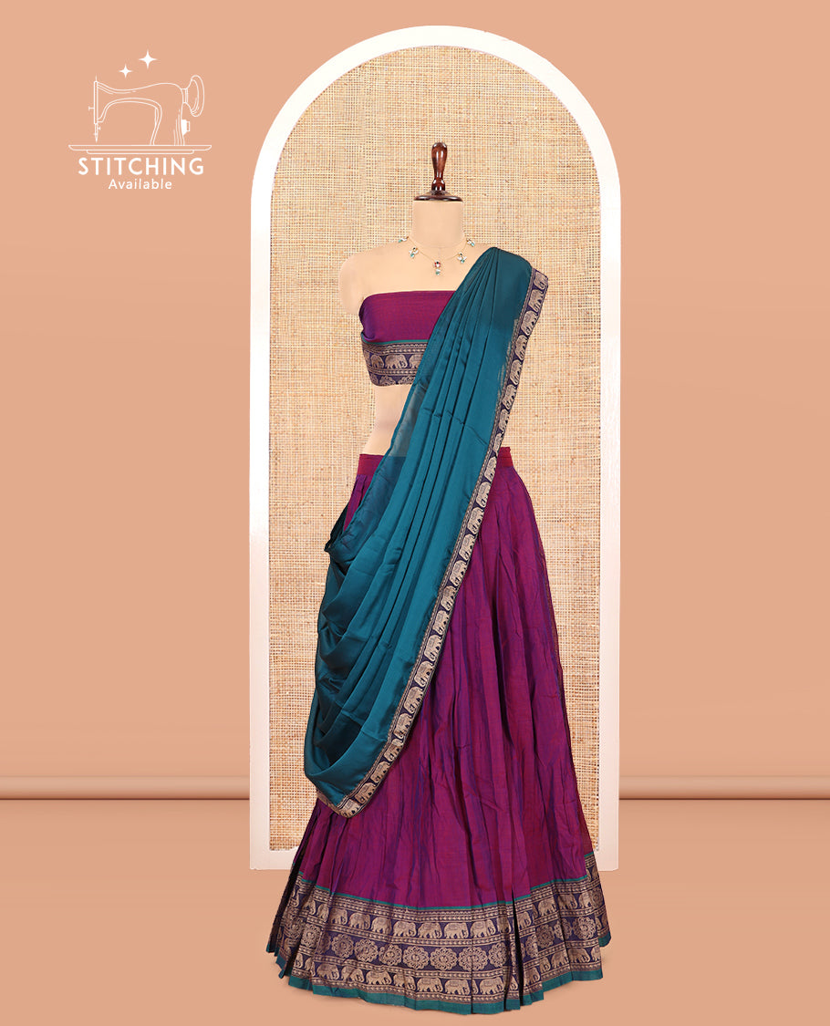 Magenta Mercerised Cotton Half-Saree, Plain Skirt, an Elephant Motif Border, a Matching Blouse, Contrast Dhavani