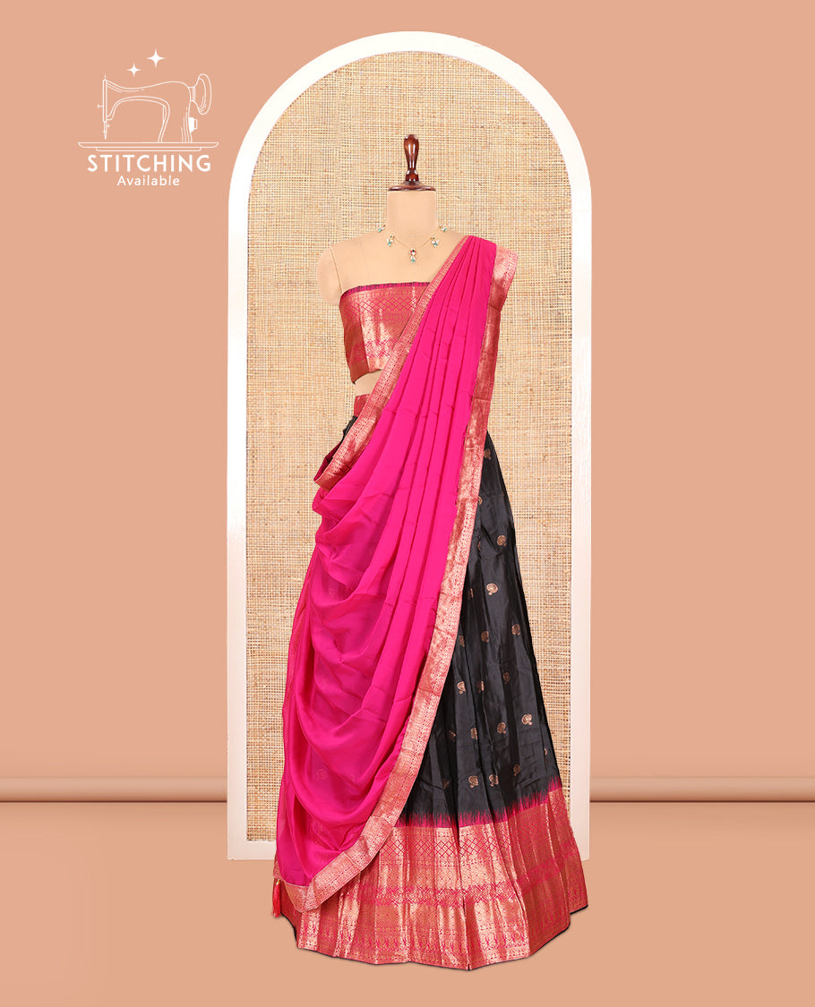 Black-Magenta Semi-Silk Half-Saree Features Zari Buttas Skirt, Contrast Traditional Zari Border, a Matching Blouse, a Contrast Blouse