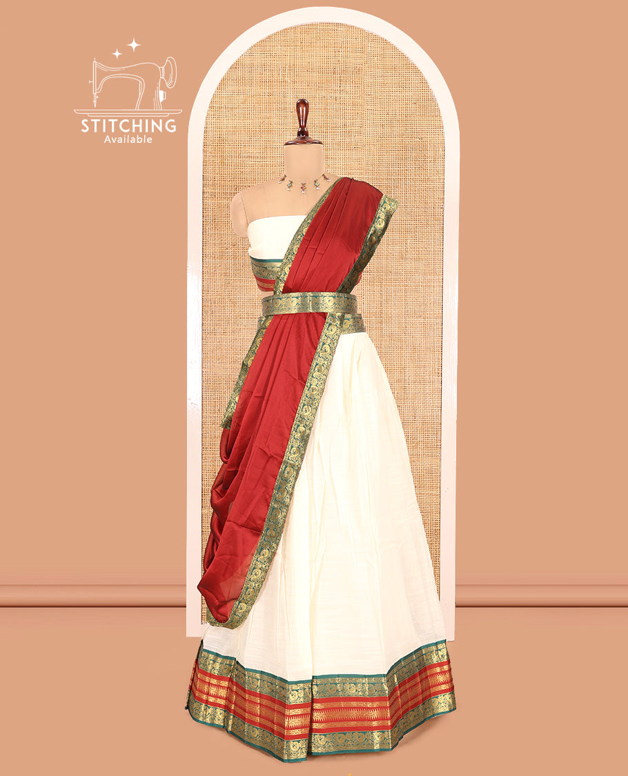 Cream-Maroon Semi-Silk Cotton Half-Saree