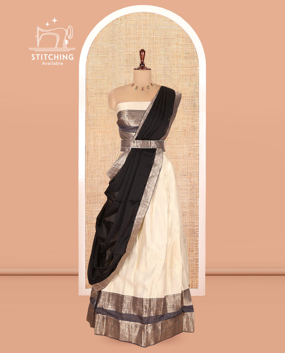 Cream-Black Semi-Silk Half-Saree