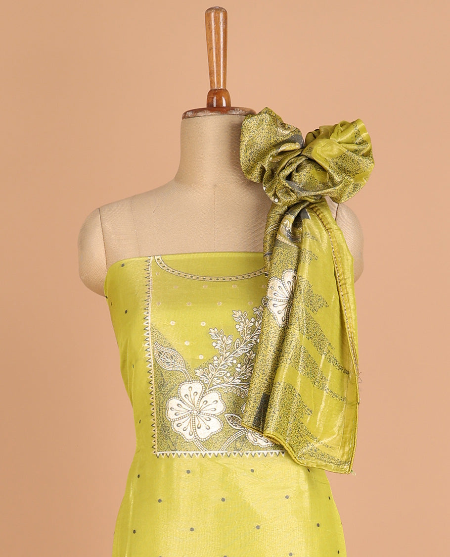 green chudidhar material chanderi tissue neck weaving thread, floral butta top with satin cotton pants & chanderi tissue zari weaving dupatta