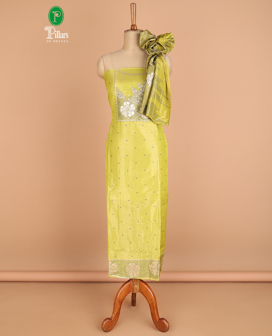 green chudidhar material chanderi tissue neck weaving thread, floral butta top with satin cotton pants & chanderi tissue zari weaving dupatta