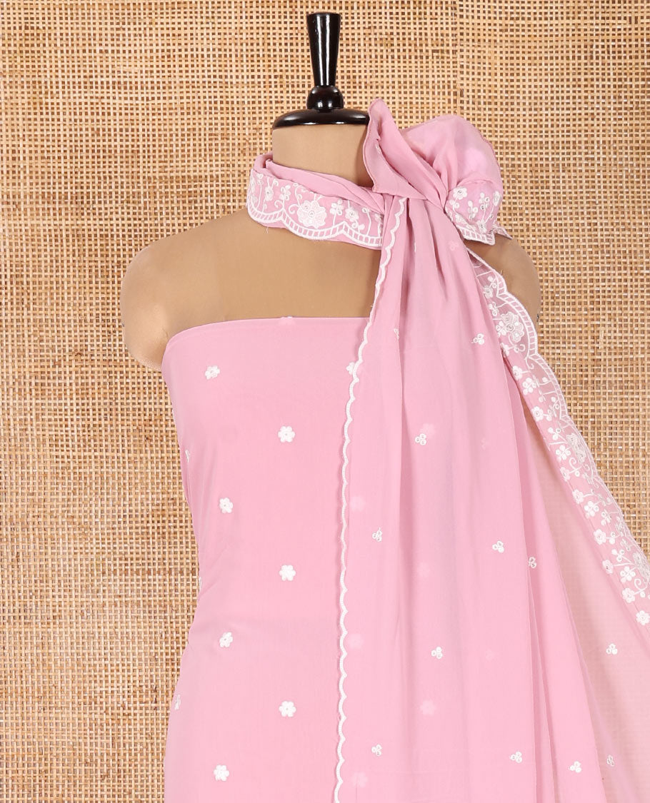 Pink Fox Georgette Material Chudidar Set, Impeccably Styled with Floral Embroidery on Its Top, a Plain Santoon Bottom, and Paired with a Floral Embroidered Scallop Dupatta