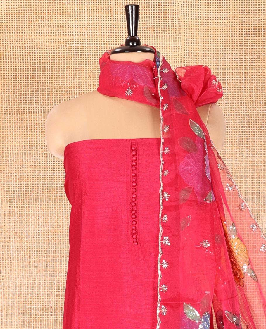 Rani Pink Vichitra Silk Material Chudidar Set, Graced with Pom-Pom Necklined Top, a Plain Santoon Bottom, and Paired Scallop Multi-Color Floral Embroidered Organza Dupatta