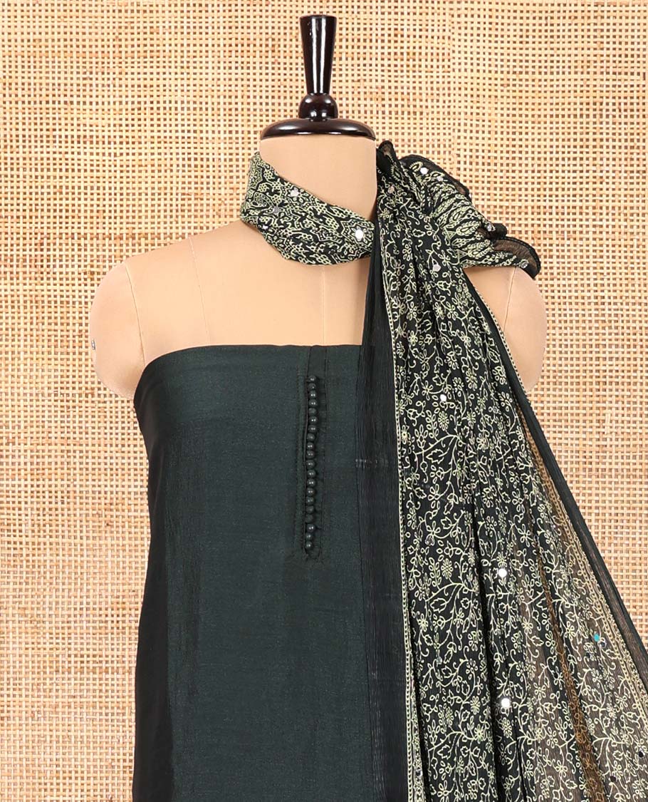 Bottle Green Material Chudidar Set, Subtly Woven with Pom-Pom Potli Neck Vichitra Silk Top, a Plain Santoon Bottom, Paired with Crushed Georgette Dupatta of Ajrakh Print and Mirror Work