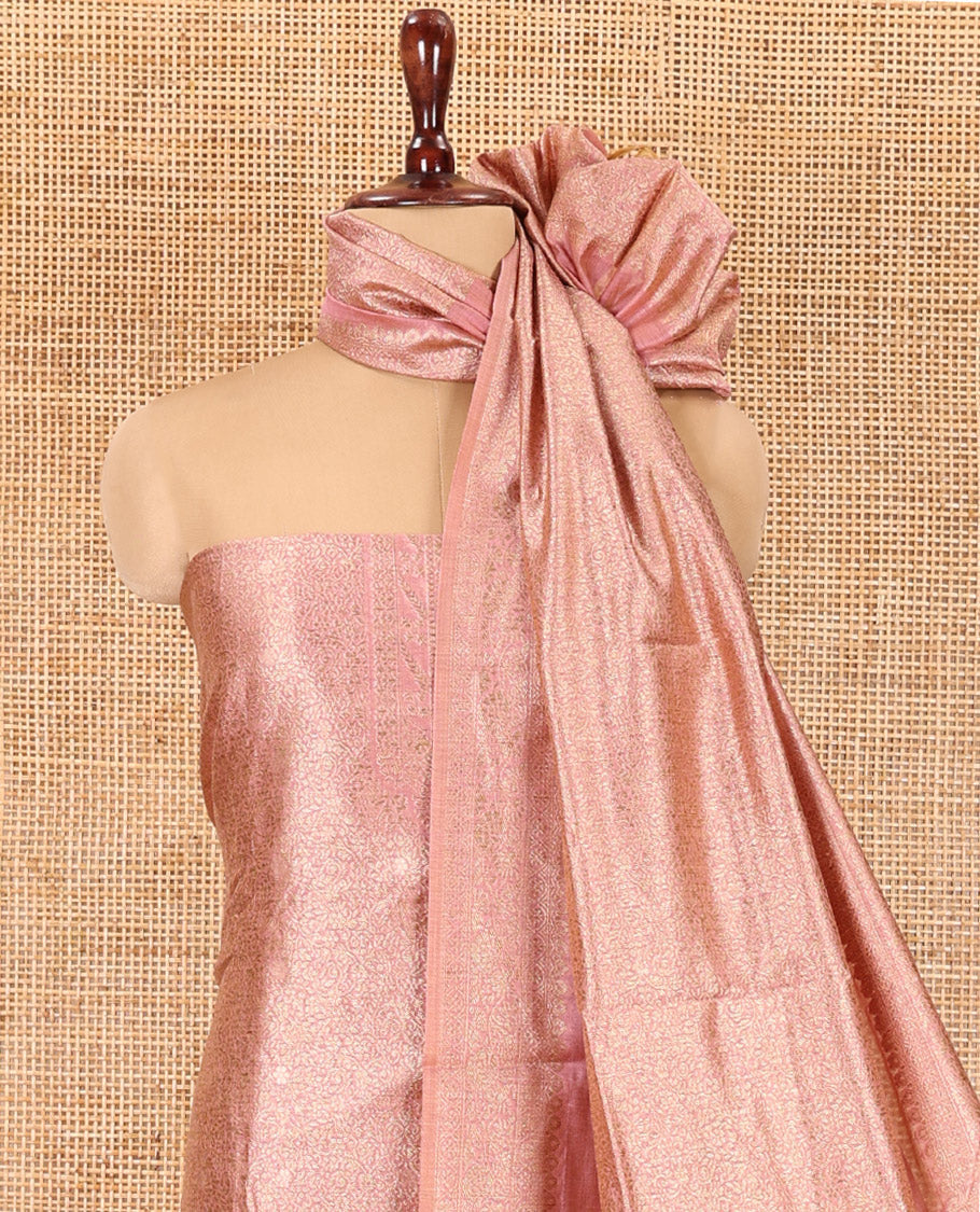 Onion Pink Banarasi Material Chudidar Features Jacquard Top, a Matching Santoon Bottom, and an Intricately Designed Dupatta