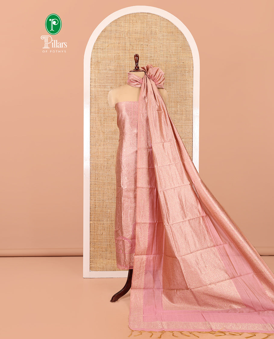 Onion Pink Banarasi Material Chudidar Features Jacquard Top, a Matching Santoon Bottom, and an Intricately Designed Dupatta