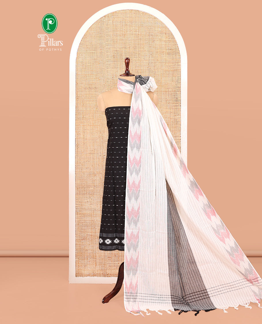 Black-Grey Handloom Cotton Material Chudidar Set, Finely Crafted with Stripes Top, Contrast Striped Bottom, and an Ikat Dupatta
