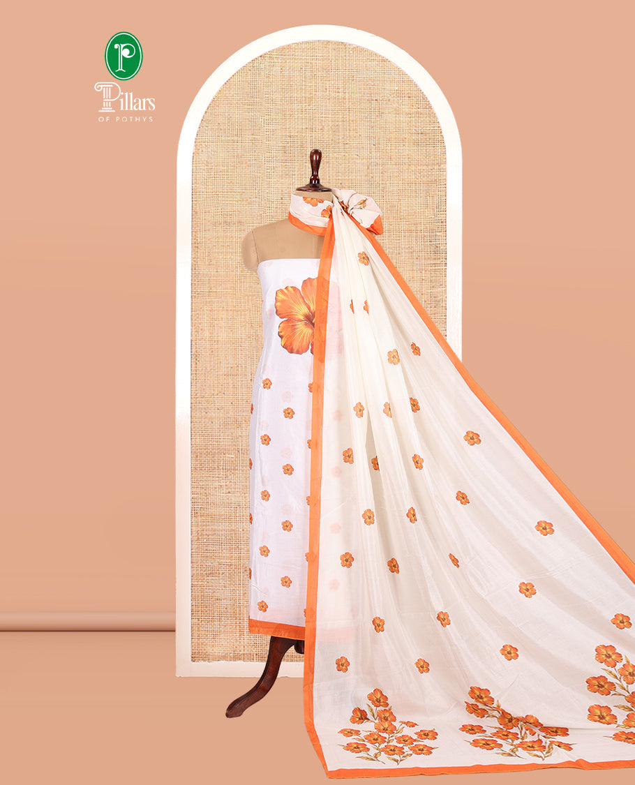 Cream-Orange Semi-Silk Material Chudidar, Floral Printed Top, Matching Bottom, Floral Printed Dupatta