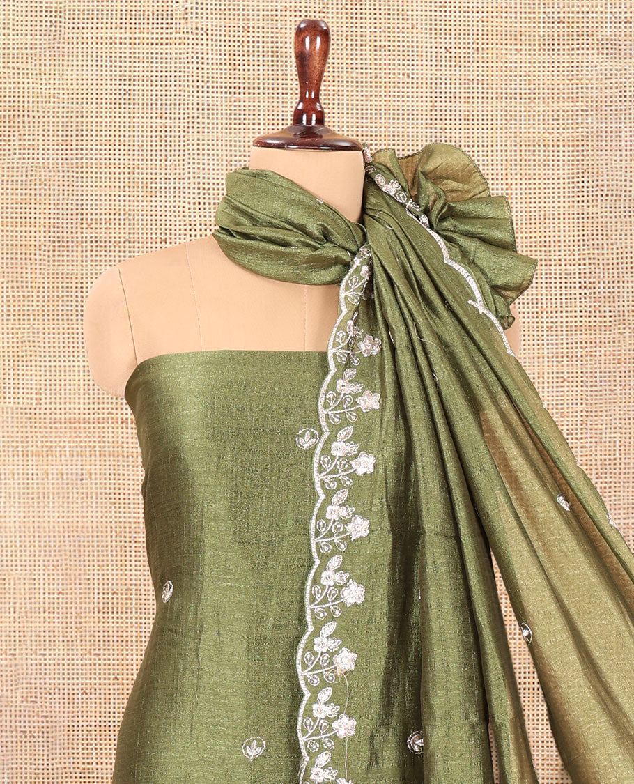 Green Semi-Silk Material Churidar Features a Floral Embroidered Top, a Matching Bottom, Embroidered Dupatta