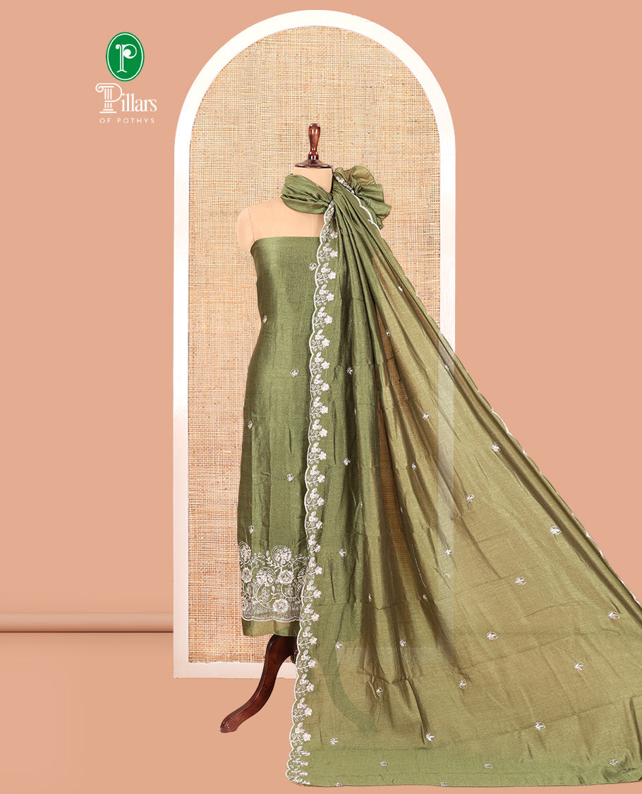 Green Semi-Silk Material Churidar Features a Floral Embroidered Top, a Matching Bottom, Embroidered Dupatta