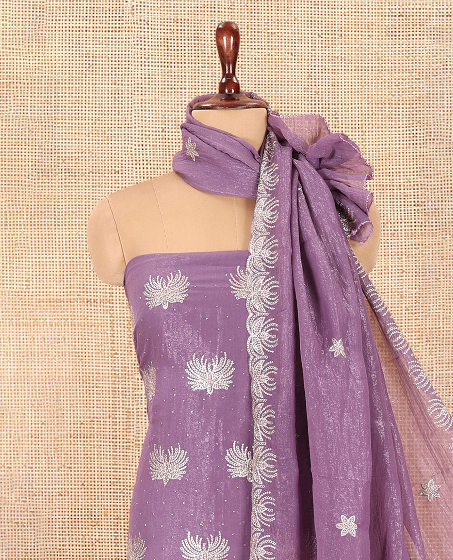Lavender Crunchy Chiffon Material Churidar Features Thread Embroidered-Stone Work Top, Plain Bottom, Embroidered Dupatta