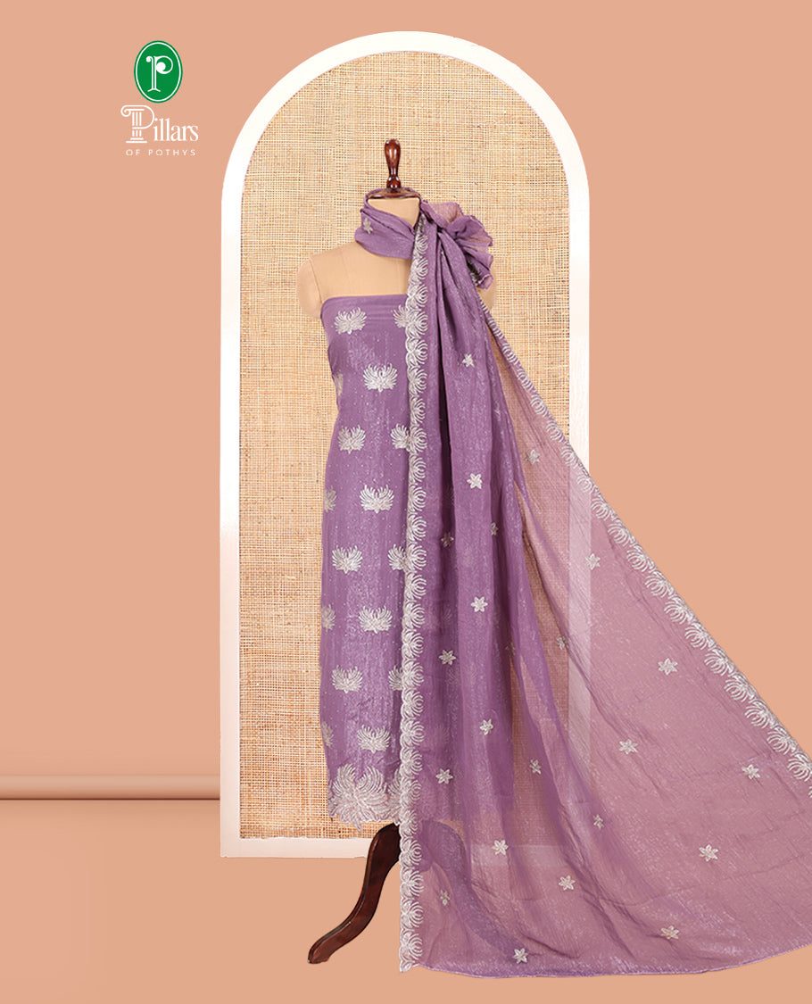 Lavender Crunchy Chiffon Material Churidar Features Thread Embroidered-Stone Work Top, Plain Bottom, Embroidered Dupatta