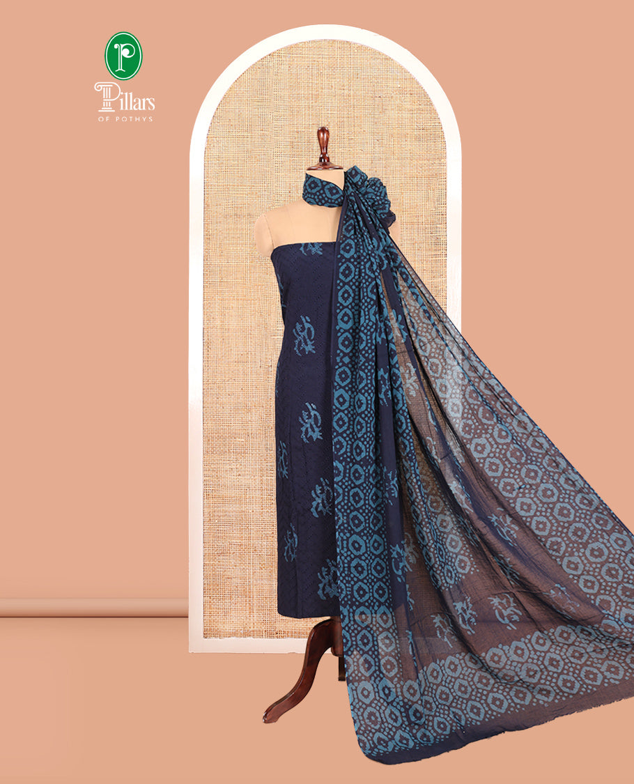 Navy Blue Cotton Material Chudidar, Batik Printed Hakoba Work Top, Contrast Bottom, Batik Printed Dupatta