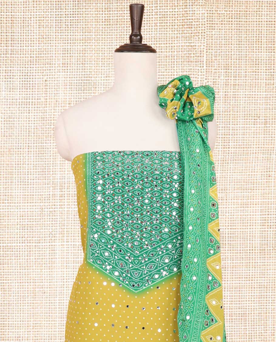 Lemon yellow with green bandhani print stone, mirrror work crepe chudidhar material top with american crepe pant & bhandani print, mirror work dupptata