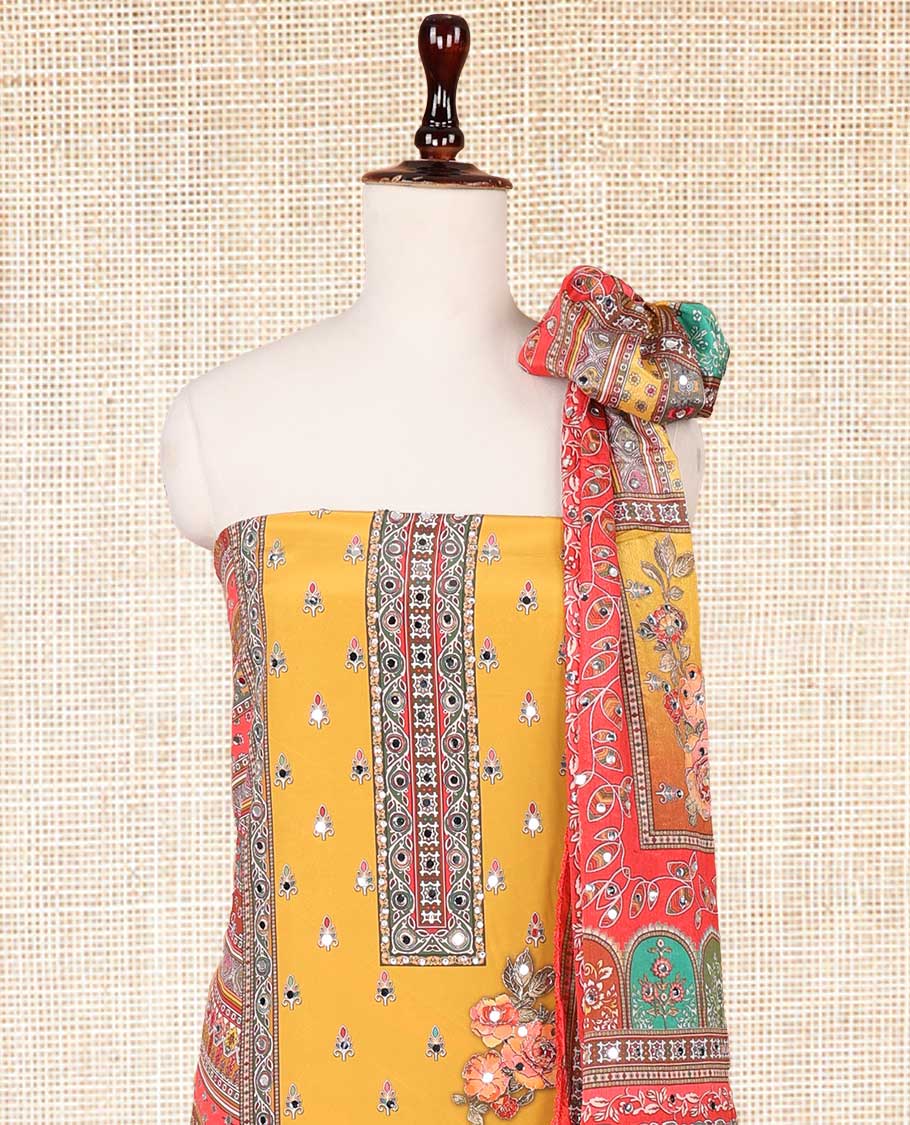 Yellow floral digital print, mirror work crepe chudidhar material top with american crepe pant & floral digital print, mirror work dupatta