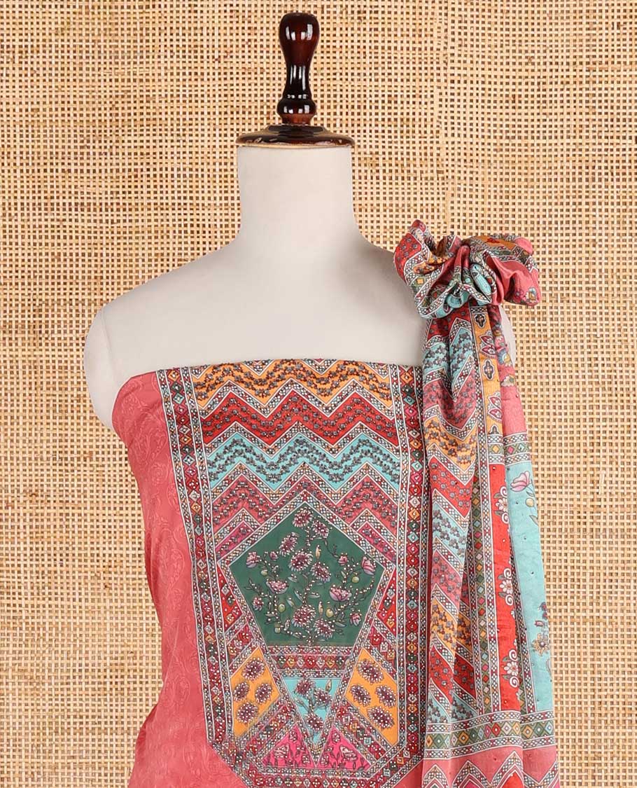 Light peach negative print, geometric design, swarovski work crepe chudidhar material top with american crepe pant & chinnon material geometric print, swarovski work dupatta
