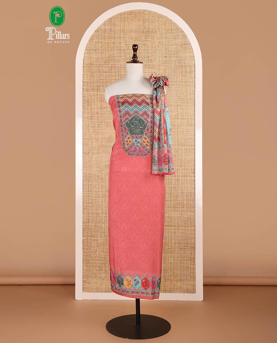 Light peach negative print, geometric design, swarovski work crepe chudidhar material top with american crepe pant & chinnon material geometric print, swarovski work dupatta