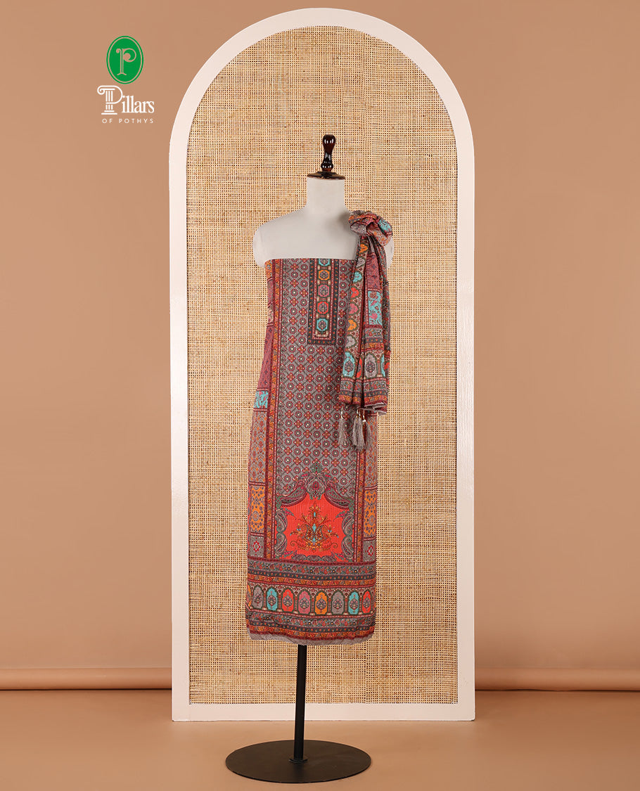 Multi-color churidar material set, ajrakh-printed & sequins work crepe top, kalidoscopic-colored dupatta of ajrakh print & sequins work & plain crepe bottom
