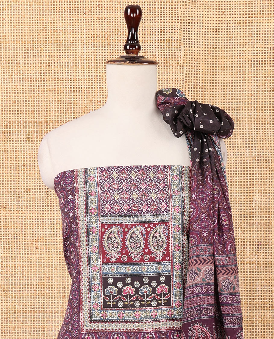 Dark purple crepe chudidar material set, ajrakh-print with daman floral design top, plain bottom & dupatta of bandhani dots & ajrakh-style print