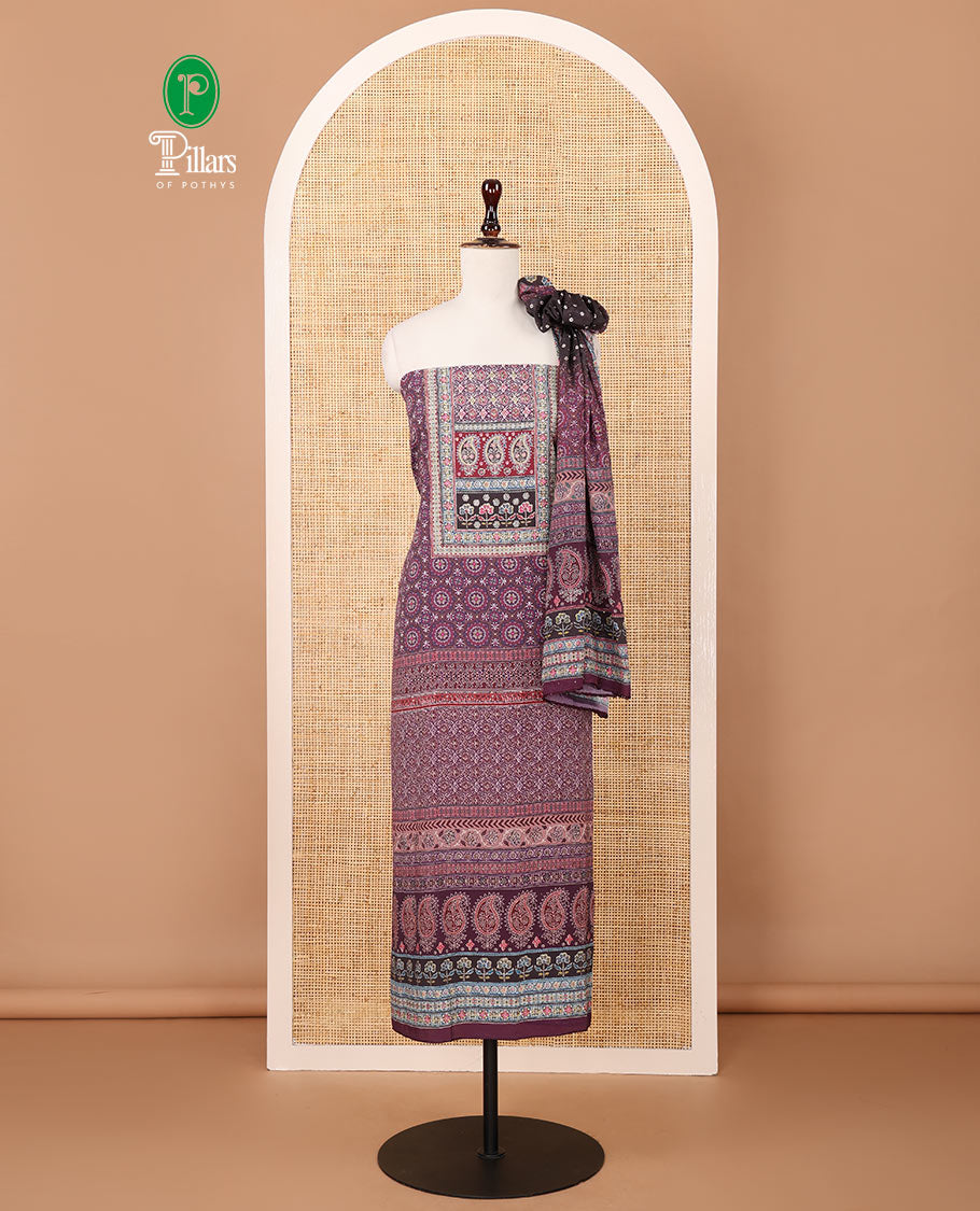 Dark purple crepe chudidar material set, ajrakh-print with daman floral design top, plain bottom & dupatta of bandhani dots & ajrakh-style print
