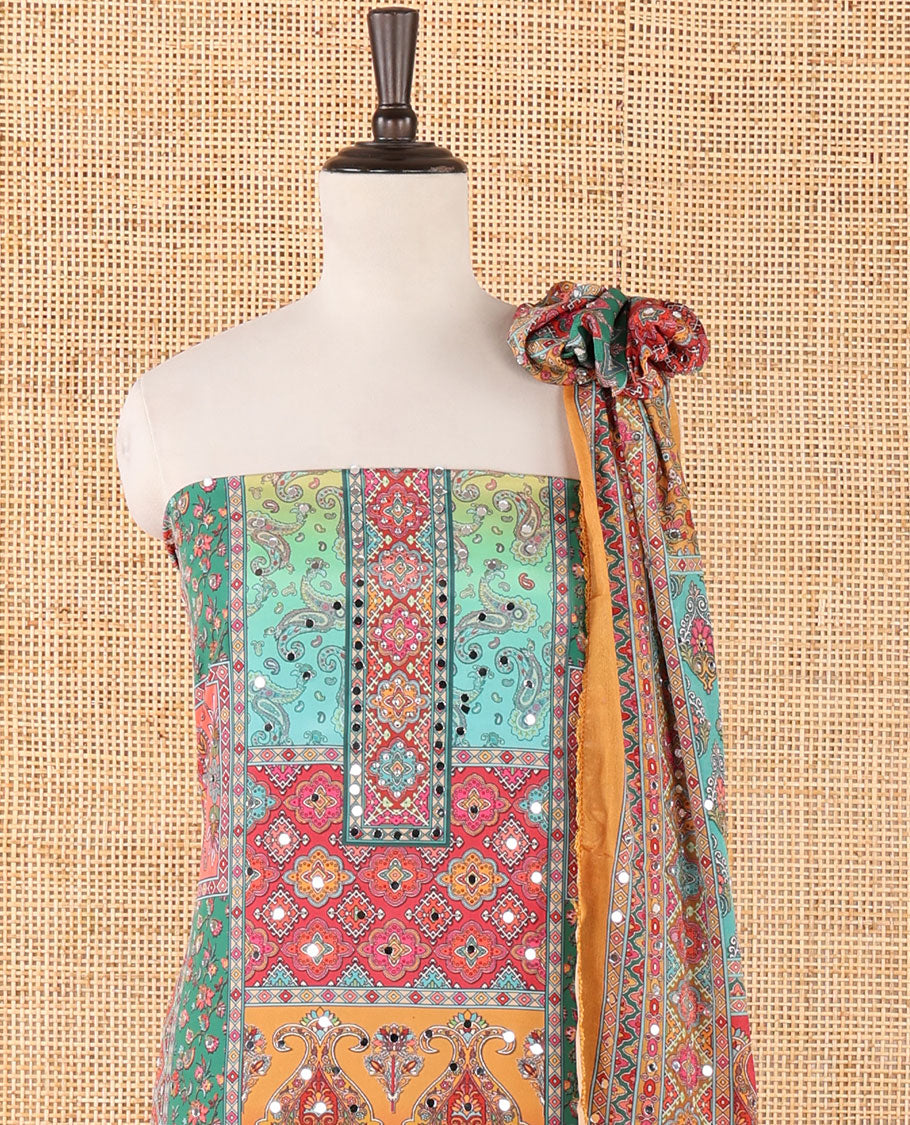 Mustard crepe masakali material chudidar set, geometric print with mirror embroidery top,plain bottom & multi-color geometric print & mirrorwork dupatta