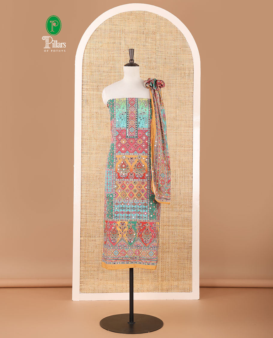Mustard crepe masakali material chudidar set, geometric print with mirror embroidery top,plain bottom & multi-color geometric print & mirrorwork dupatta