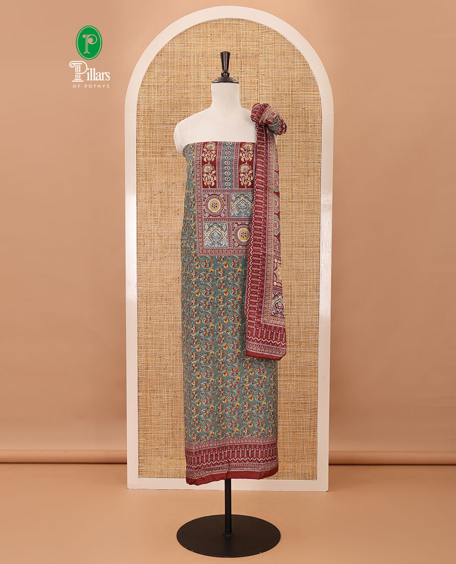 Green material chudidar set,floral-geometric Arjrakh print & stonework Masakali crepe top,plain bottom & Arjrakh print & stonework chinon dupatta