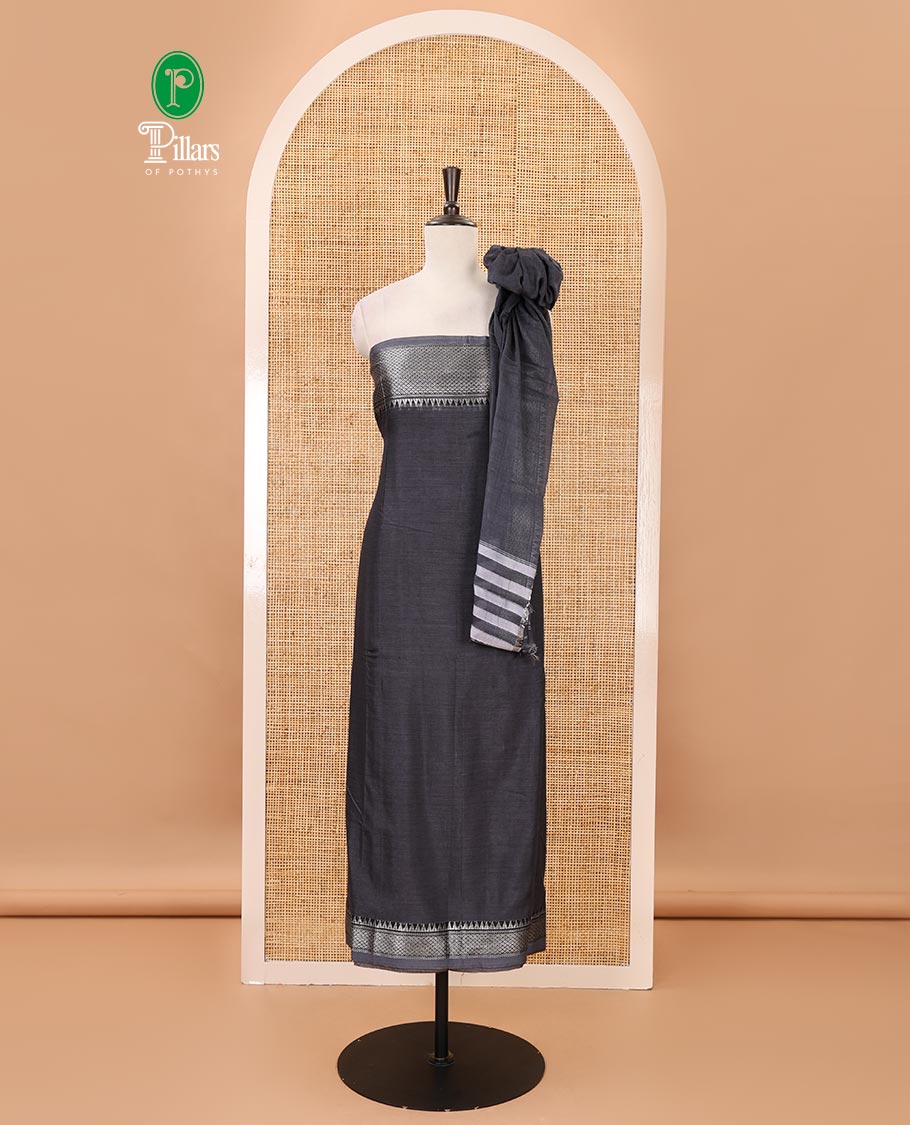 Dark grey material chudidar set,traditional zari border mercerized cotton top, matching mercerized cotton bottom & traditional border dupatta