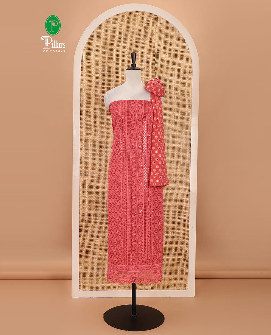 Pink material chudidar set, floral, paisley & geometric schiffli embroidered georgette top & orginal mirror embroidered georgette dupatta