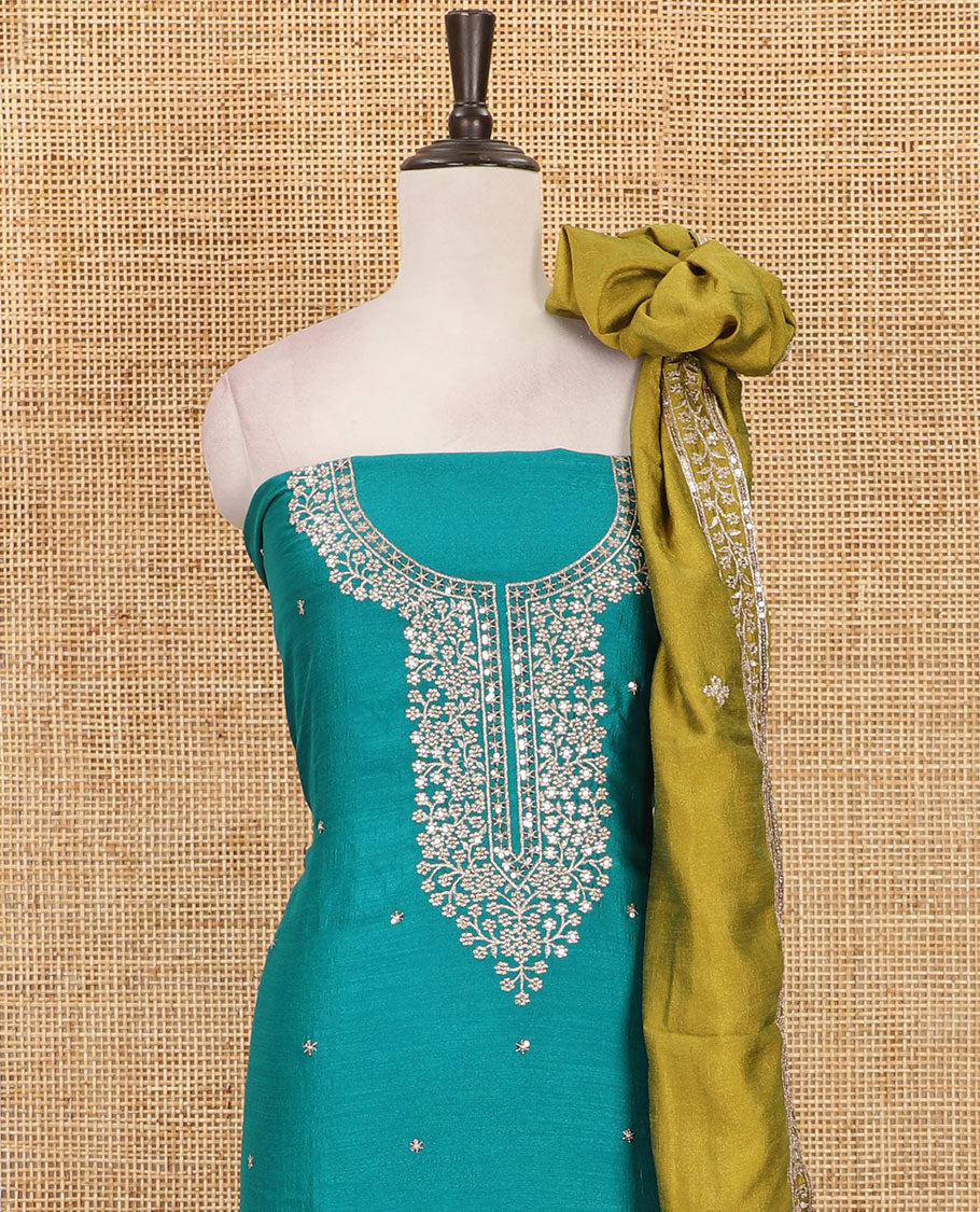 Rama green Vichitra silk material chudidar set, floral design neck embroidered top, santoon bottom & contrast embroidered Vichitra silk dupatta