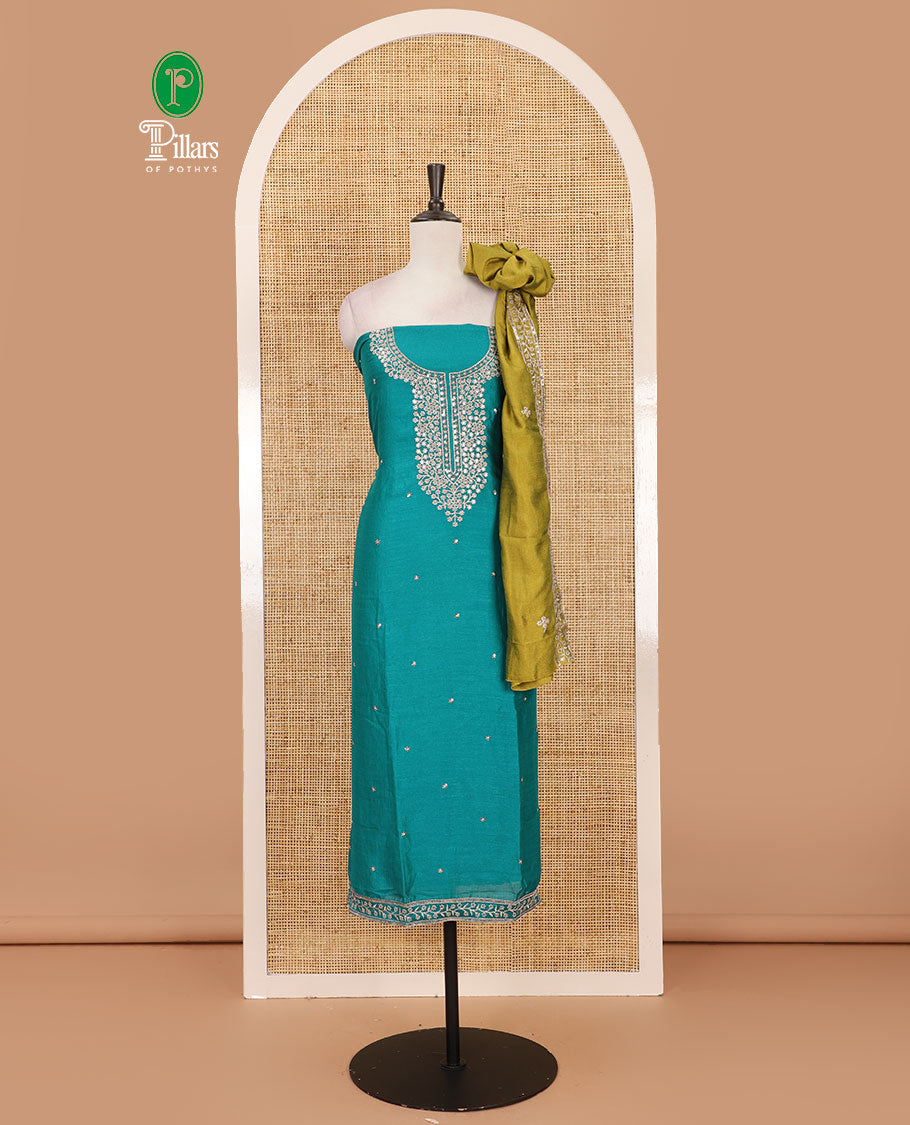 Rama green Vichitra silk material chudidar set, floral design neck embroidered top, santoon bottom & contrast embroidered Vichitra silk dupatta