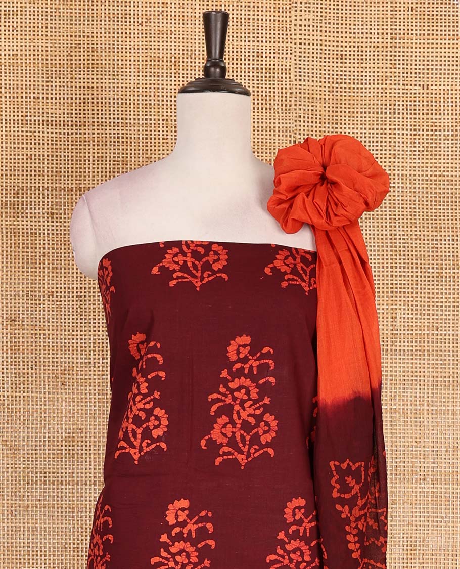 Maroon cotton material chudidar set, batik style floral, and paisley printed top, contrast plain bottom, and batik printed dupatta