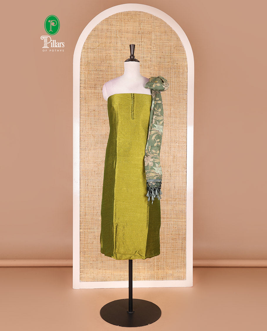 Parrot green material chudidar set, plain with fancy thermacol balls neck work Vichitra top, cotton bottom, and floral printed dupatta