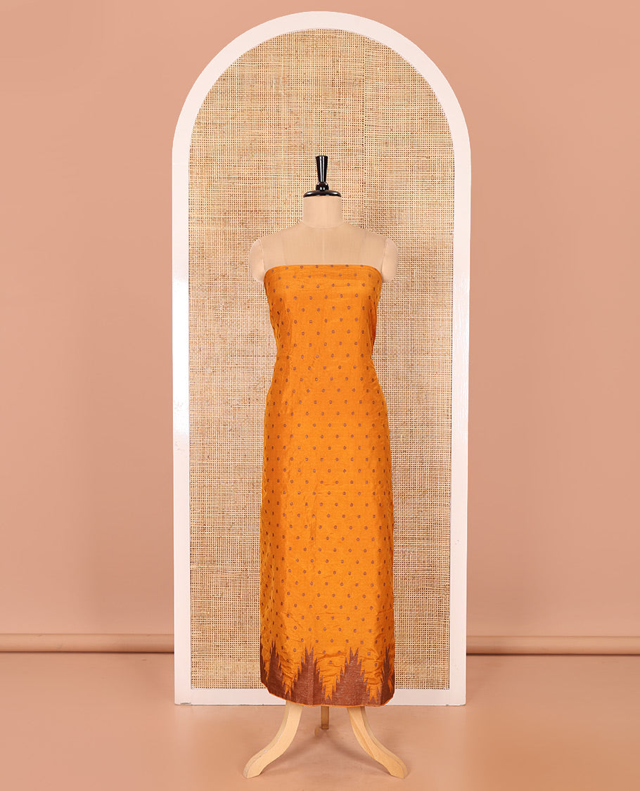 Yellow Material Chudidar Set Graced with 1000 Zari Buttas Woven Banaras Top, Subtly Made Plain Santoon Bottom, and a Banarasi Dupatta Featuring Zari Buttas and Temple Buttas