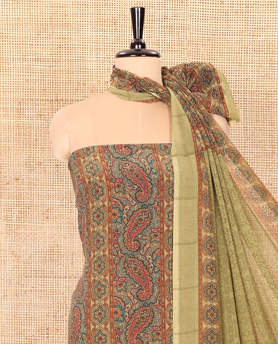 Light Mehendi Material Chudidar Set Intricately Printed with Paisley Motifs on the Italian Crepe Top, Subtly Negative Printed Bottom, and Italian Crepe Dupatta of the Same Paisley Prints