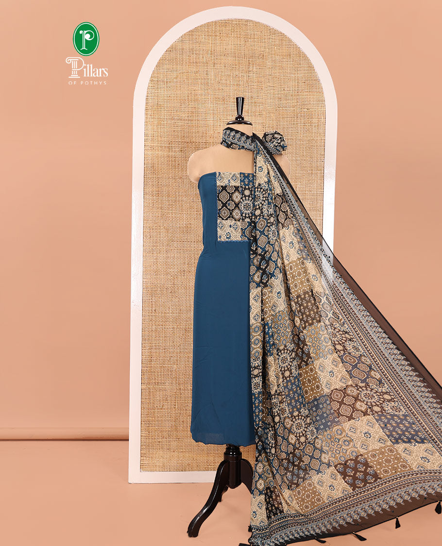 Blue Material Chudidhar Set, Embellished with Ajrakh-Style Print and Mirror Work Fox Georgette Top, Santoon Plain Bottom, and Georgette Dupatta of Ajrakh Print and Mirror Work