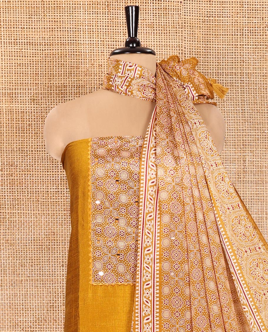 Yellow Material Chudidhar Set, Decked Up with Ajrakh Patch Work and Mirror Work, Vichitra Silk Top, Plain Santoon Bottom, and Chinon Silk Dupatta Featuring Intricate Ajrakh Prints