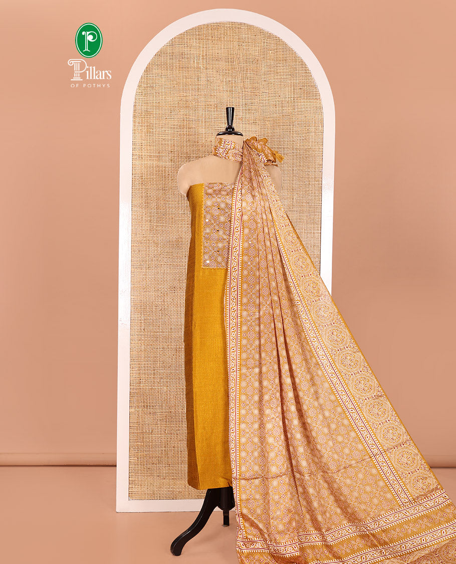Yellow Material Chudidhar Set, Decked Up with Ajrakh Patch Work and Mirror Work, Vichitra Silk Top, Plain Santoon Bottom, and Chinon Silk Dupatta Featuring Intricate Ajrakh Prints
