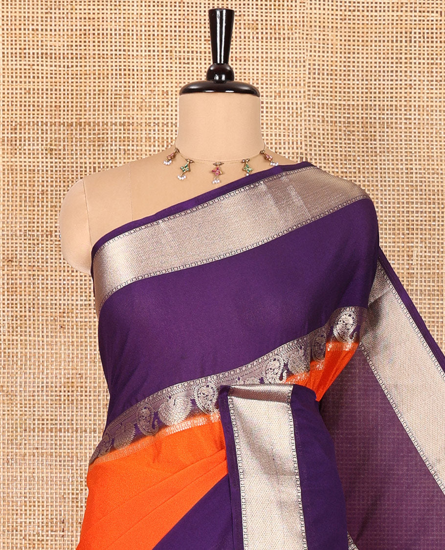 Orange plain fancy Mysore silk saree, contrast rettai-pettu traditional zari border of peacock and paisleys, zari striped pallu, and a contrast zari design blouse