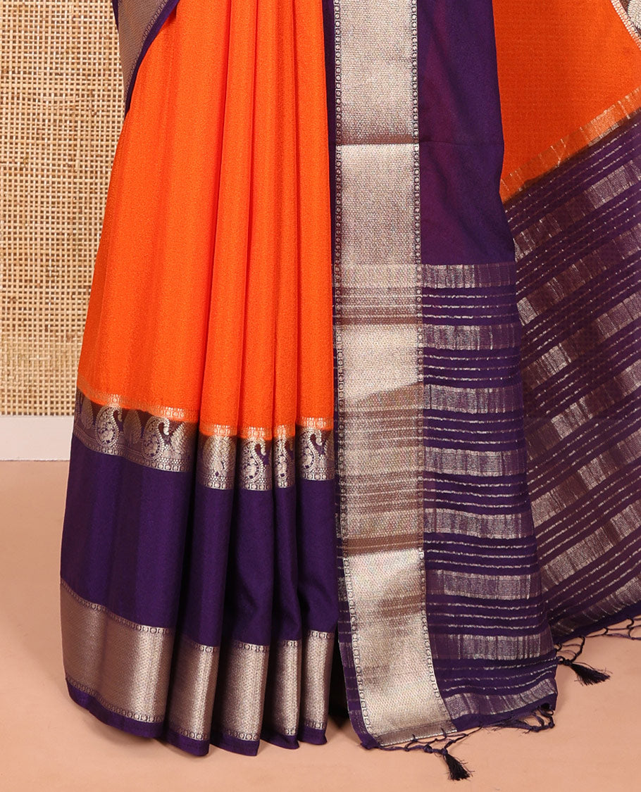 Orange plain fancy Mysore silk saree, contrast rettai-pettu traditional zari border of peacock and paisleys, zari striped pallu, and a contrast zari design blouse