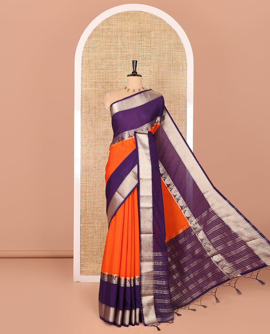 Orange plain fancy Mysore silk saree, contrast rettai-pettu traditional zari border of peacock and paisleys, zari striped pallu, and a contrast zari design blouse
